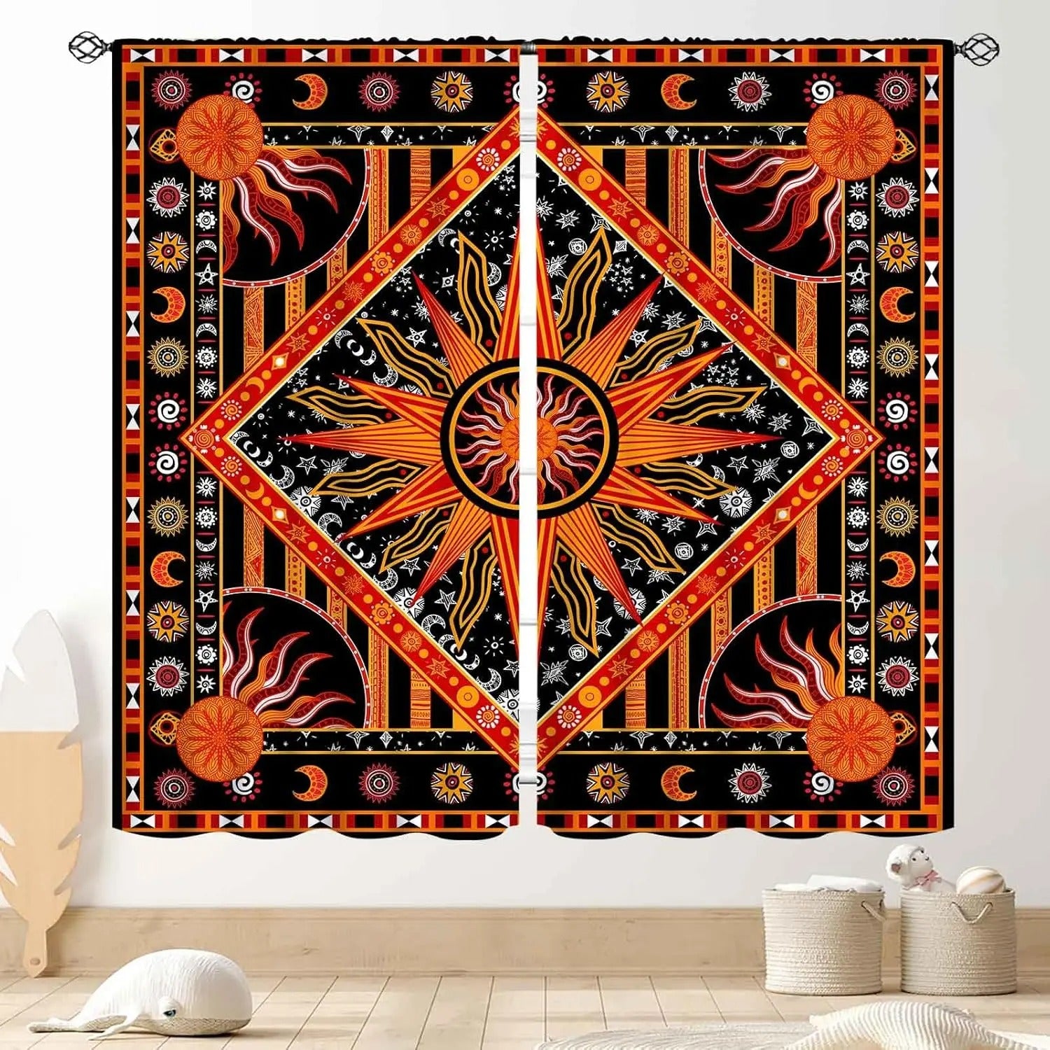 Hippie sun and moon mandala curtains with vibrant Indian-inspired design.
