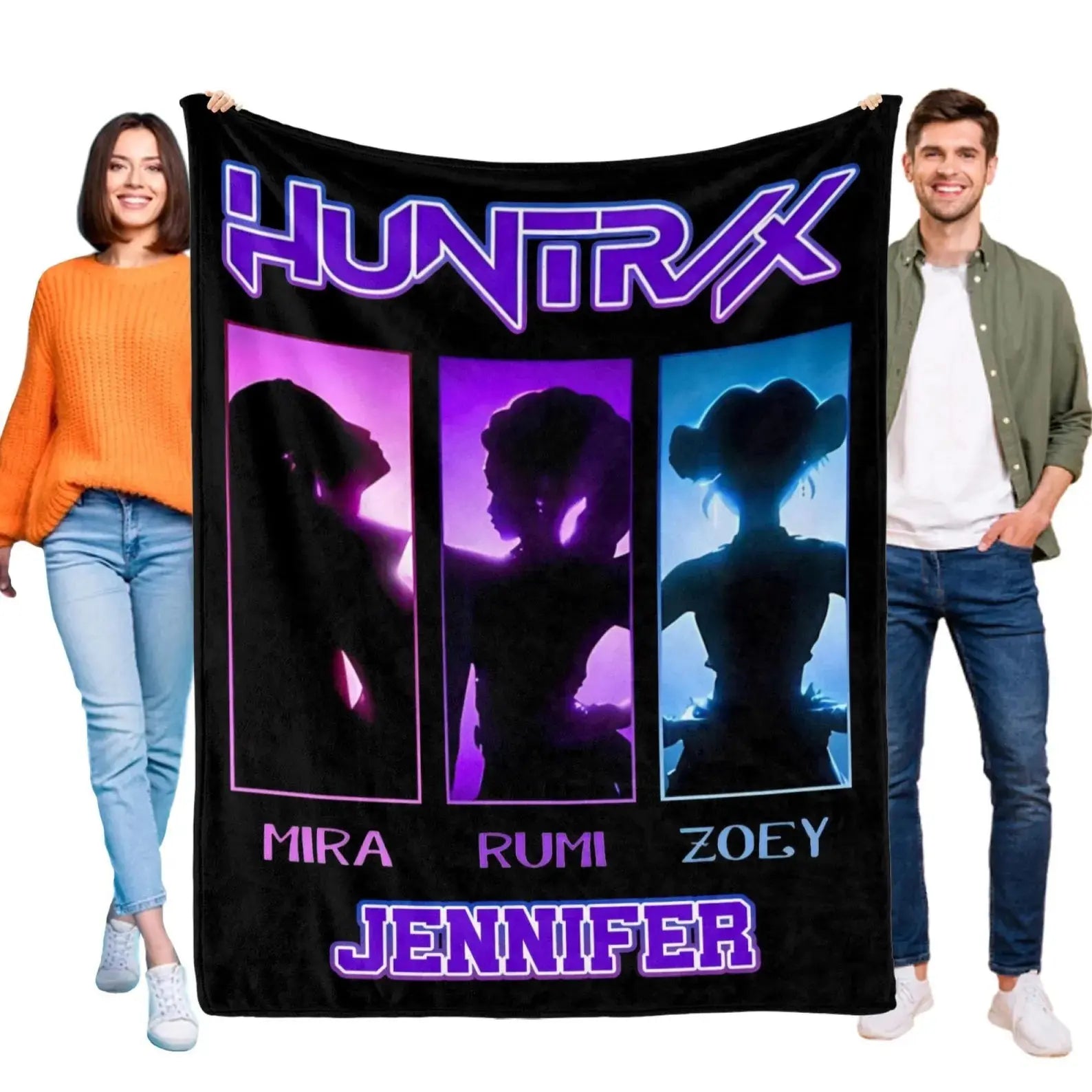 Huntrix Demon Hunters Kpop anime blanket, customized fleece throw with name.