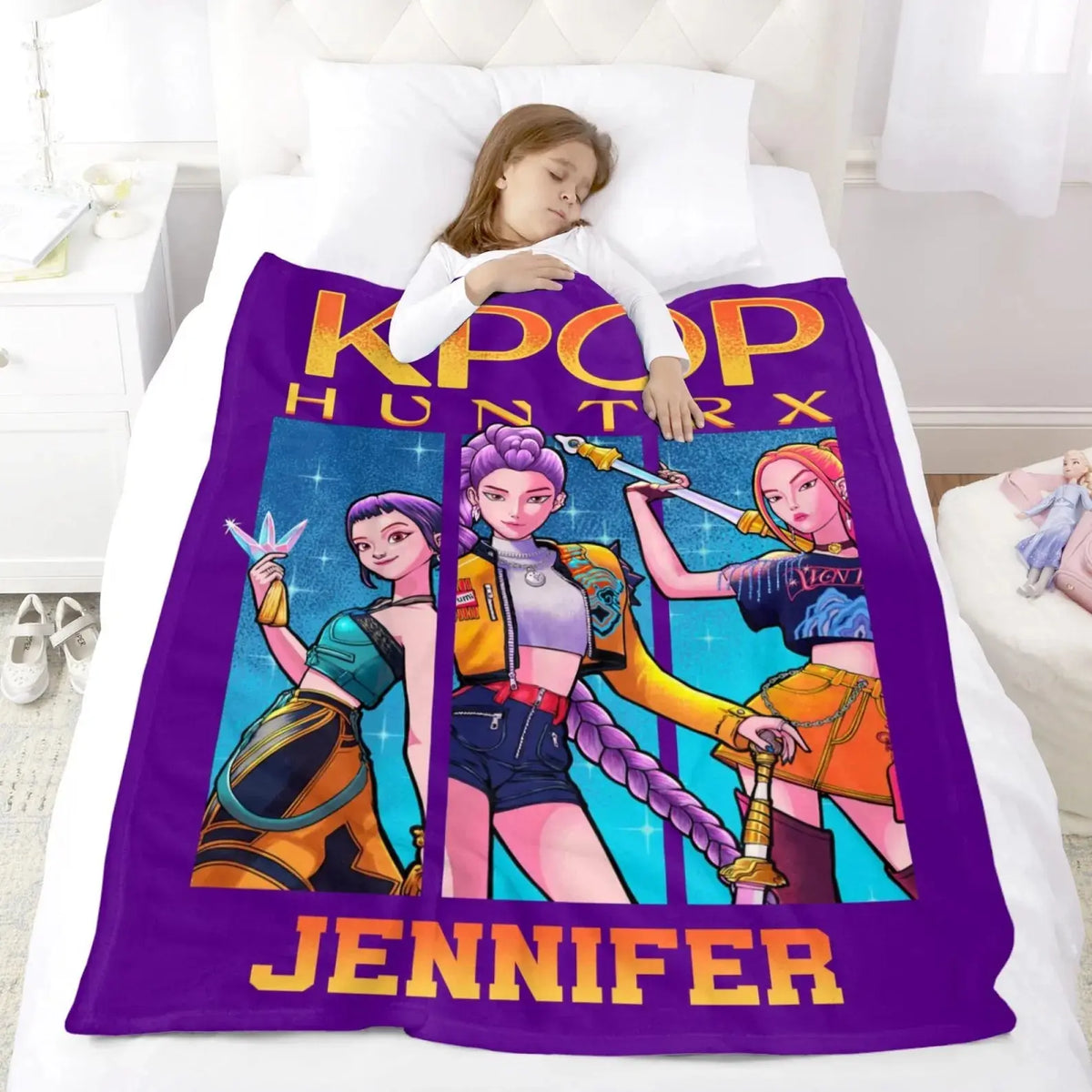 Huntrix Kpop Demon Hunters blanket, customized plush fleece throw gift idea.
