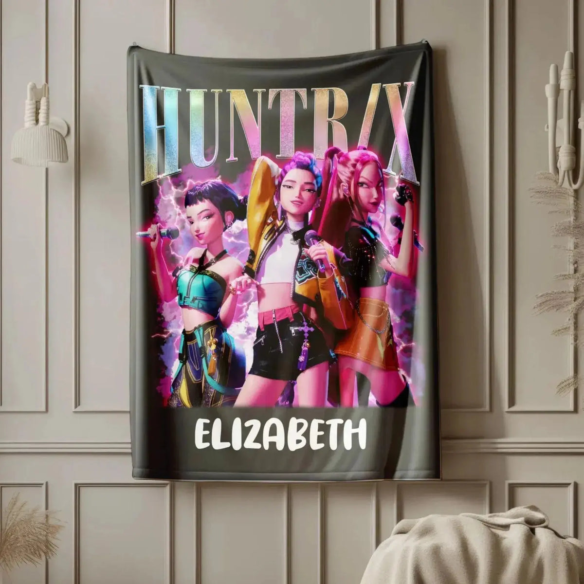 Huntrix Rumi Mira Zoey Kpop anime blanket, personalized soft fleece throw.