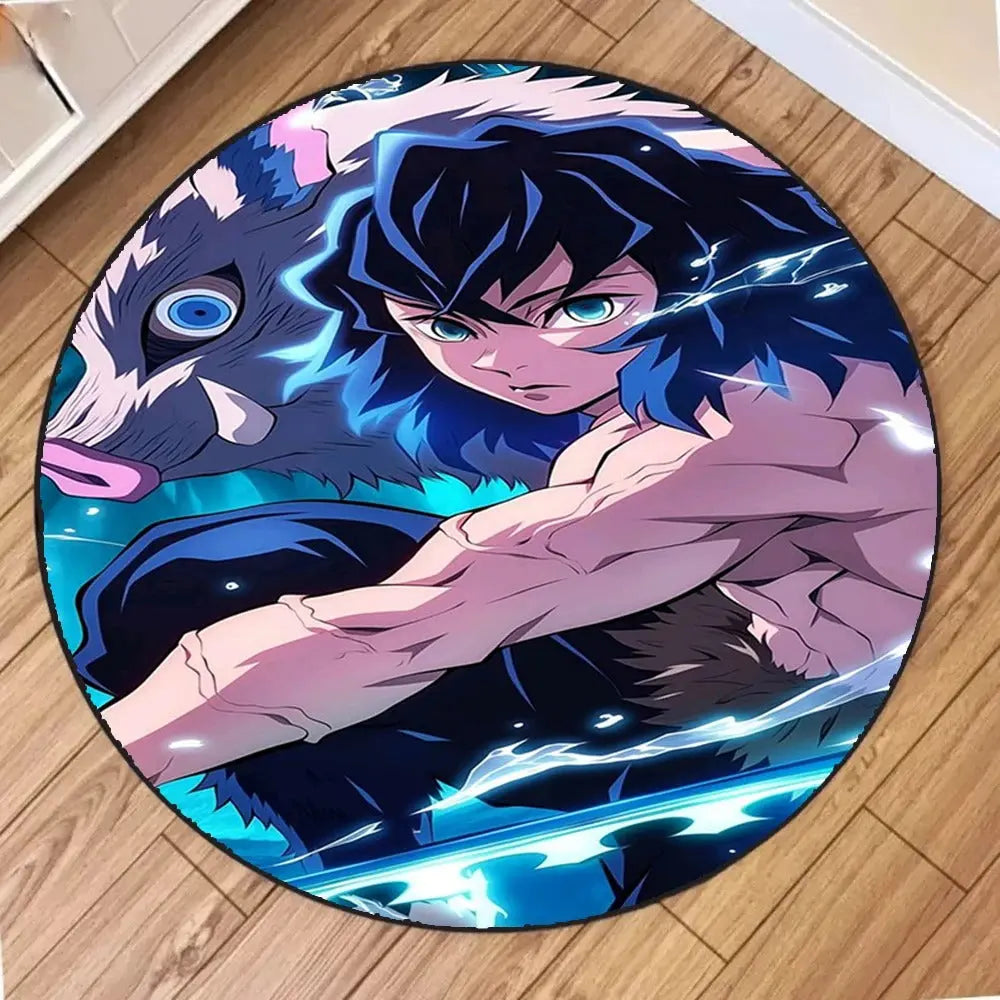 Round rug featuring Inosuke Hashibira from Demon Slayer: Kimetsu no Yaiba, wearing his distinctive wild boar mask and wielding dual katanas, showcasing his Beast Breathing fighting style with dynamic and bold artwork.