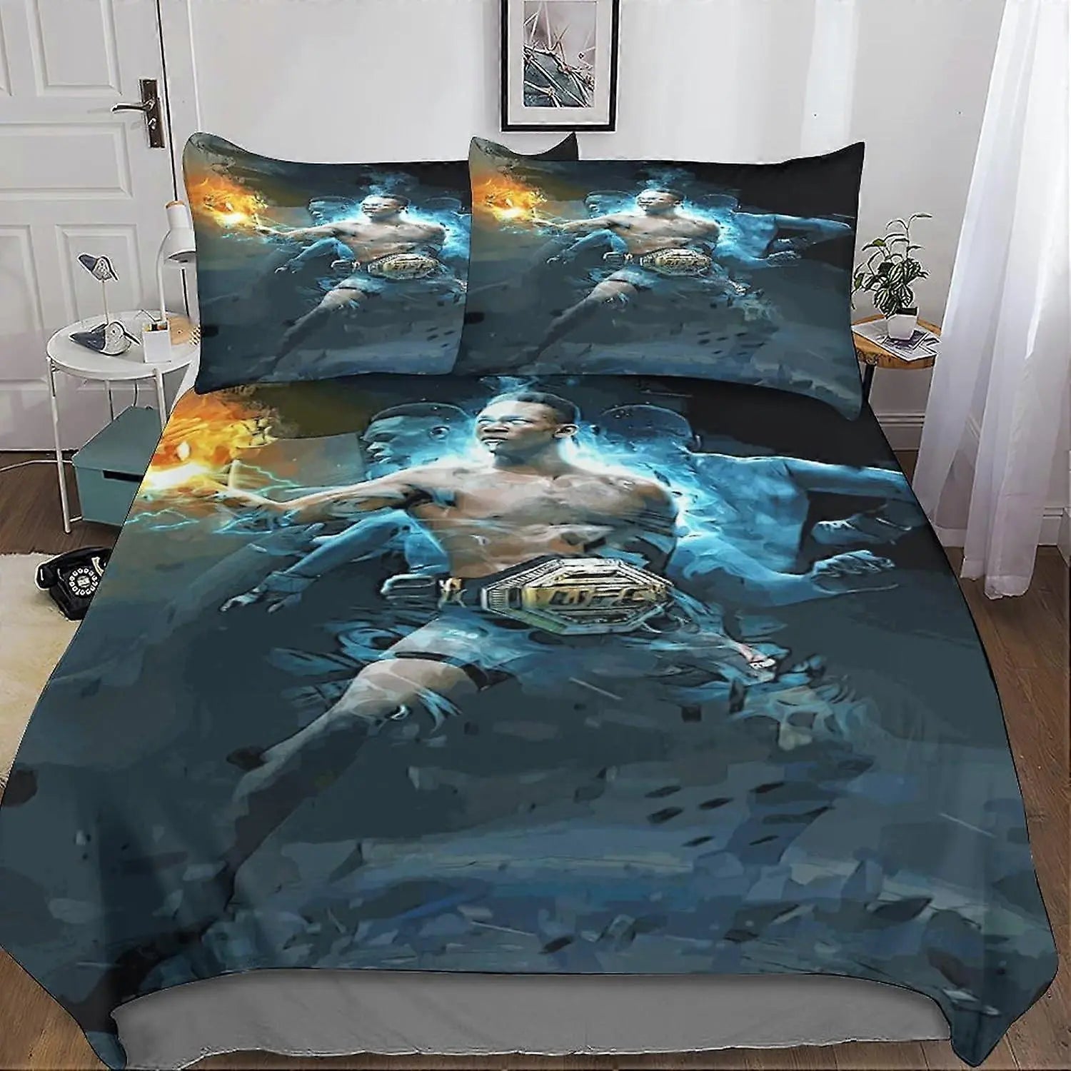 Israel Adesanya themed quilt cover showcasing bold MMA fighter design and vibrant UFC-inspired graphics for fans’ bedroom decor