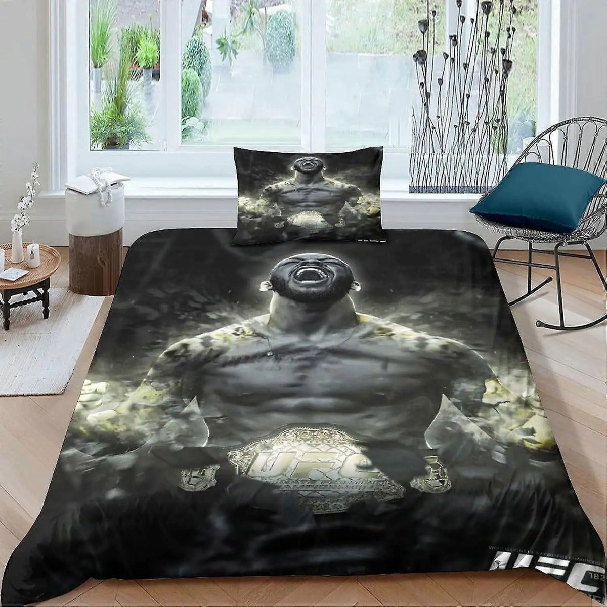 Jon Jones MMA fighter themed duvet bedding set including quilt and doona cover with dynamic fight-inspired design for sports fans
