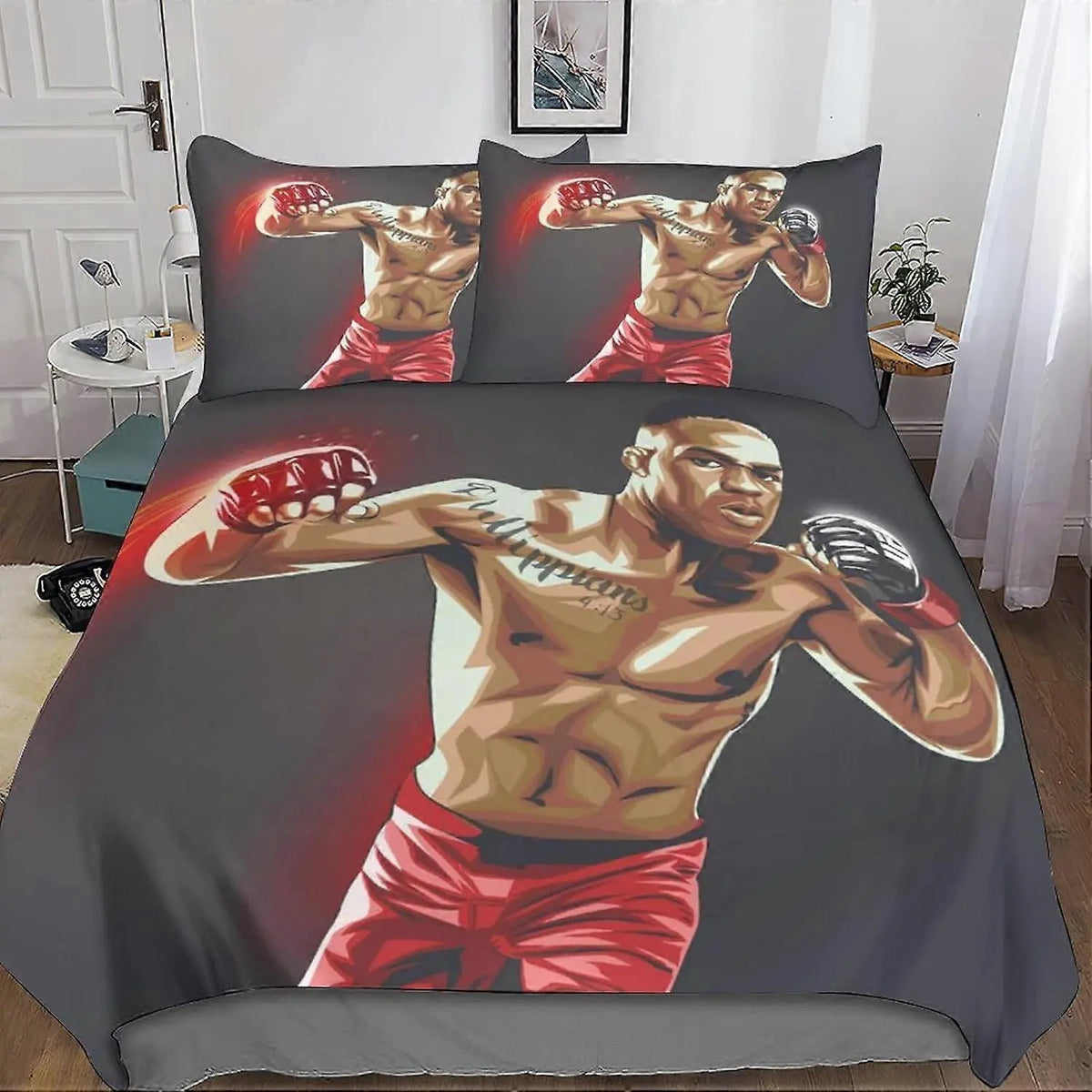 Jon Jones themed quilt cover featuring dynamic MMA fighter design with bold graphics perfect for UFC fans’ bedroom decor