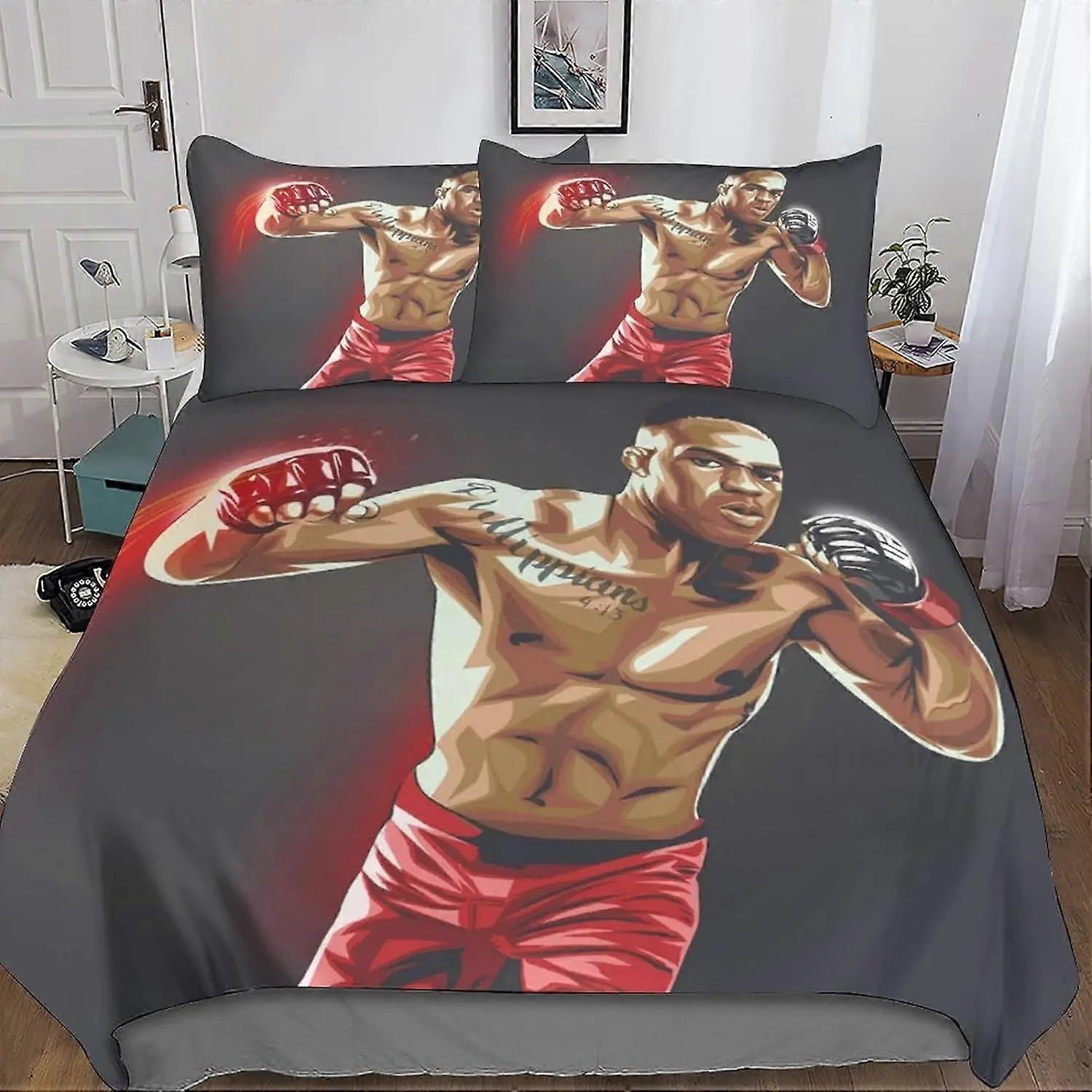 Jon Jones themed quilt cover featuring dynamic MMA fighter design with bold graphics perfect for UFC fans’ bedroom decor