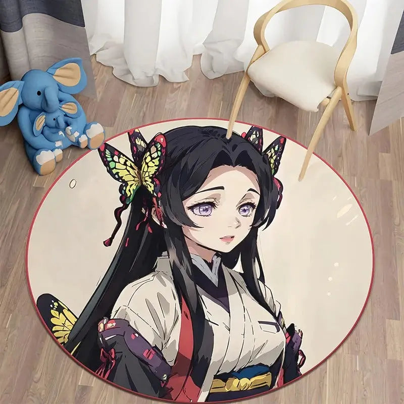 Round anime rug featuring Kanae Kocho from Demon Slayer: Kimetsu no Yaiba placed in a bright, cozy bedroom with soft lighting and manga-inspired decor