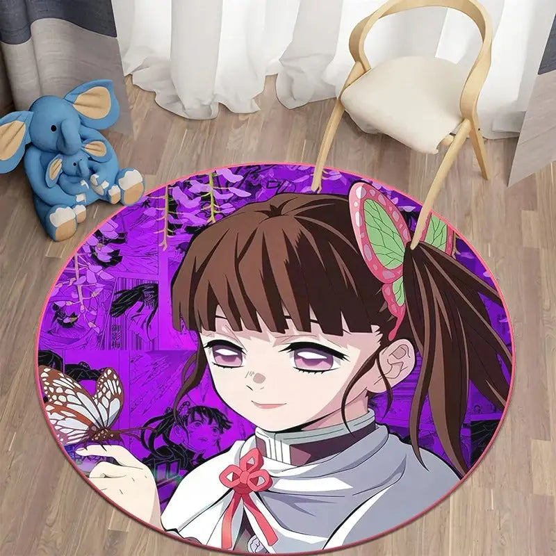 Soft round anime rug featuring Kanao Tsuyuri from Demon Slayer placed in a cozy Japanese-style bedroom with anime-themed decor