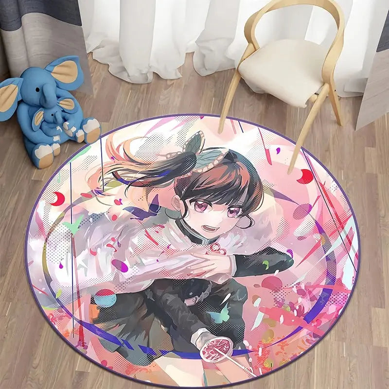 Round anime rug featuring Kanao Tsuyuri from Demon Slayer: Kimetsu no Yaiba, adoptive sister of the Kocho siblings, displayed in a soft-lit anime-themed bedroom