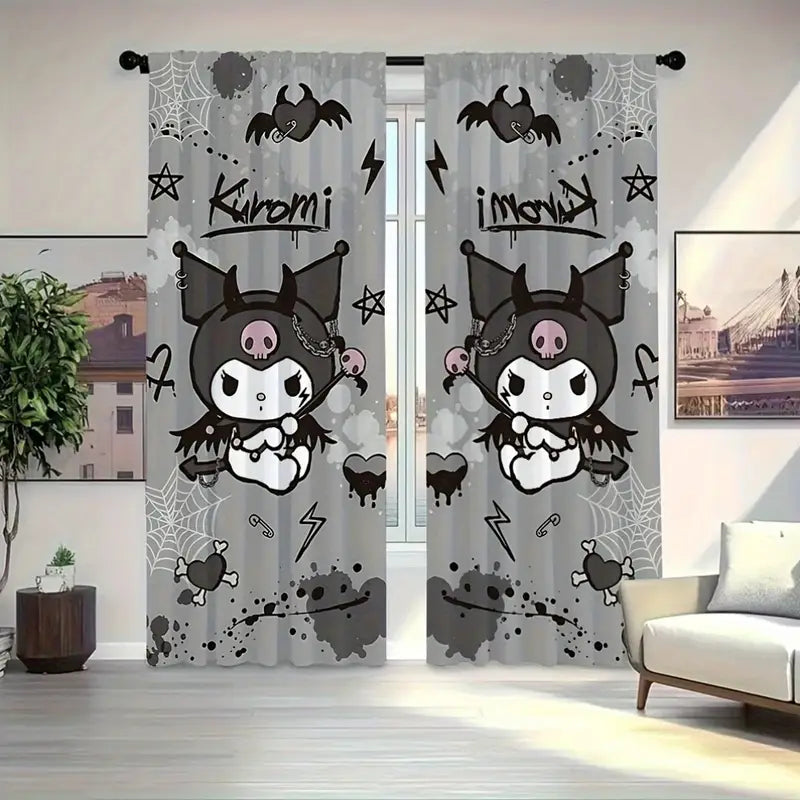 Kawaii bedroom curtains with Hello Kitty and Kuromi, cute anime blackout design.