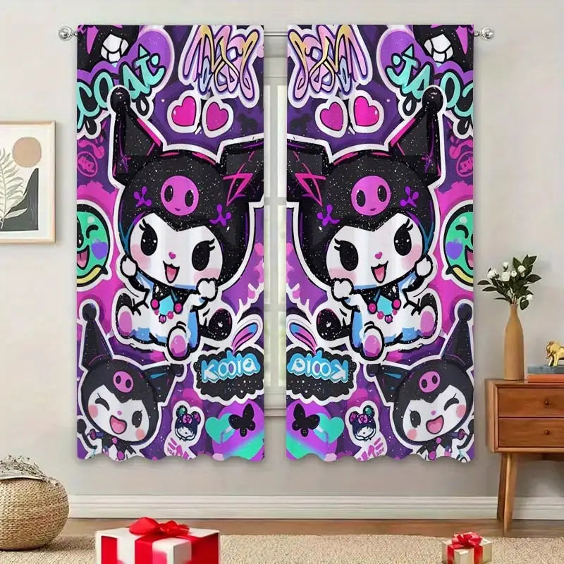 Kawaii Hello Kitty and Kuromi window drapes for teen bedroom, cute pastel anime theme.