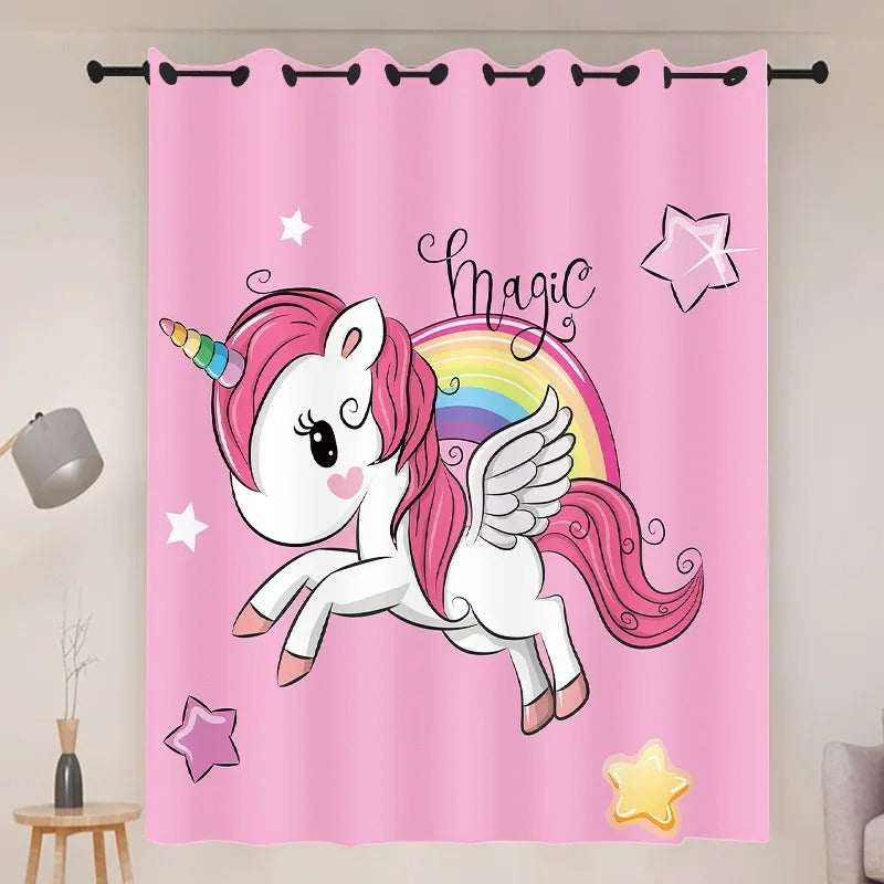 Kawaii unicorn rainbow curtains for kids room and nursery, soft flannel fabric.