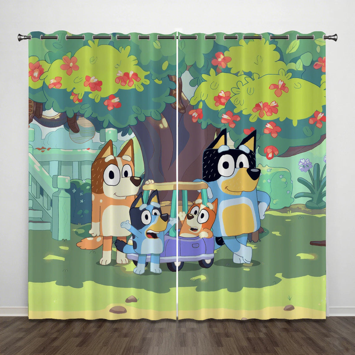 Kids bedroom curtains featuring Bluey and Bingo cartoon characters.