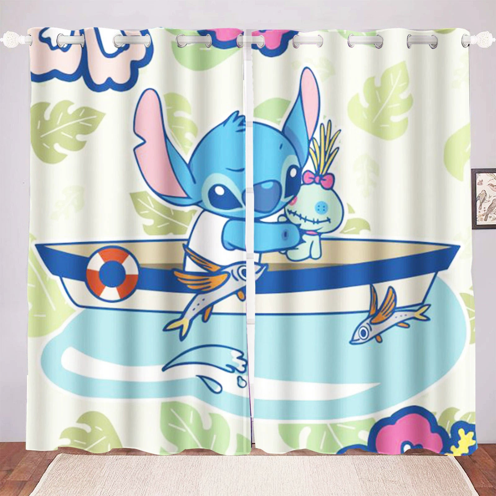 Kids bedroom curtains with Stitch & Angel cartoon blackout fabric