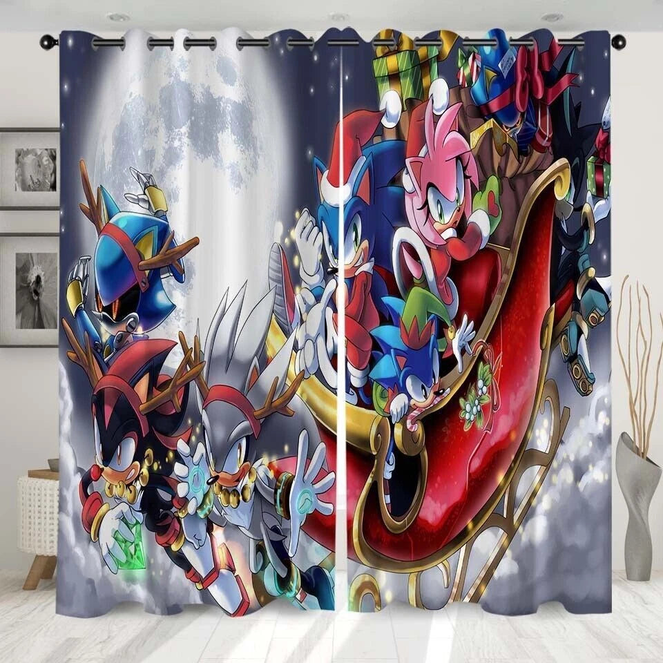 Kids bedroom curtains with Sonic cartoon print, fun and stylish window treatment.