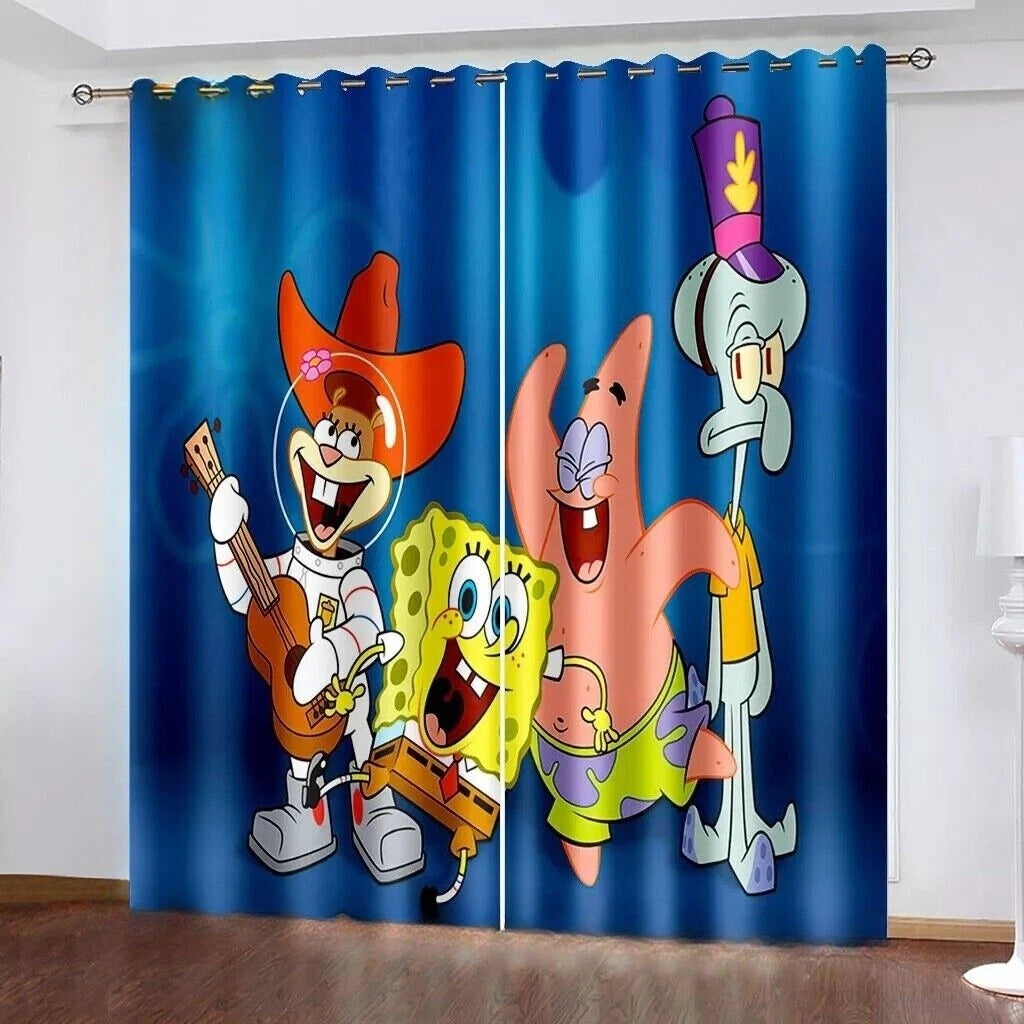 Kids bedroom curtains with SpongeBob cartoon print, cheerful window treatment.
