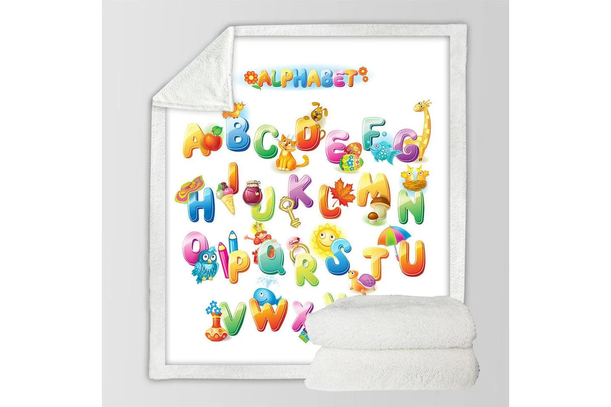 Educational cartoon alphabet blanket for kids, learning-themed soft flannel throw for nursery.