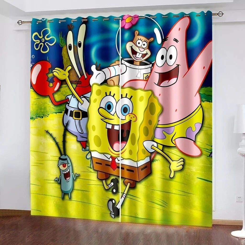 Kids cartoon bedroom curtains featuring SpongeBob design for fun window decor.