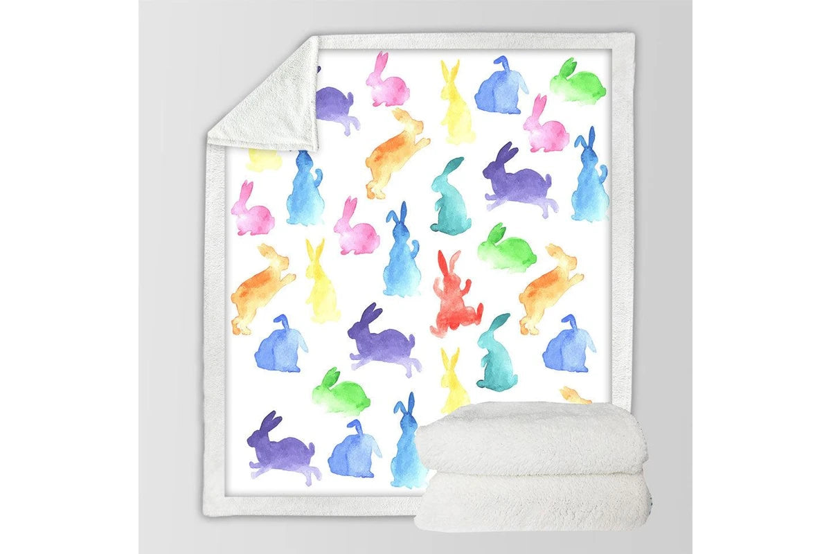 Adorable colorful bunny kids blanket, soft and cozy throw for nursery or toddler bed.