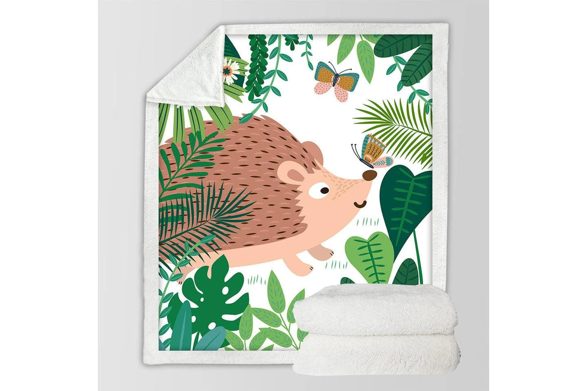 Cartoon hedgehog themed kids throw blanket, cozy animal print blanket for kids bedroom decor.