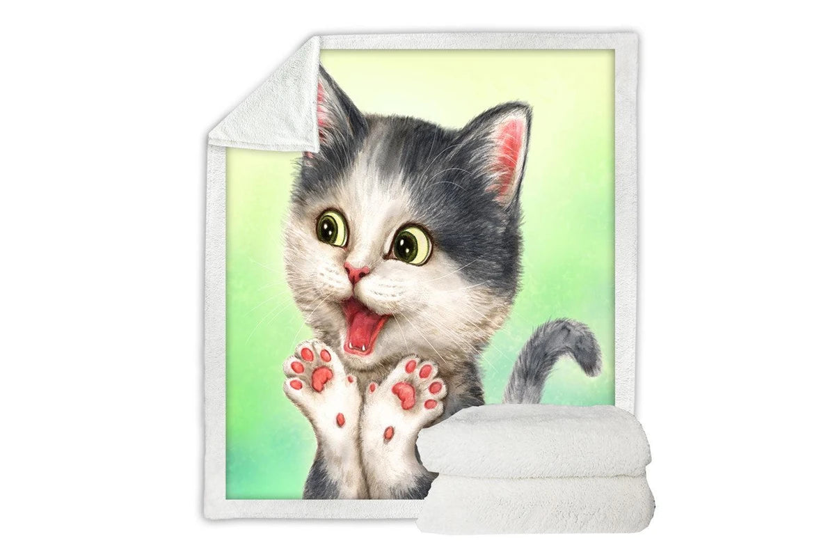 Excited kitten print kids throw blanket, adorable and soft for bedroom or travel use.
