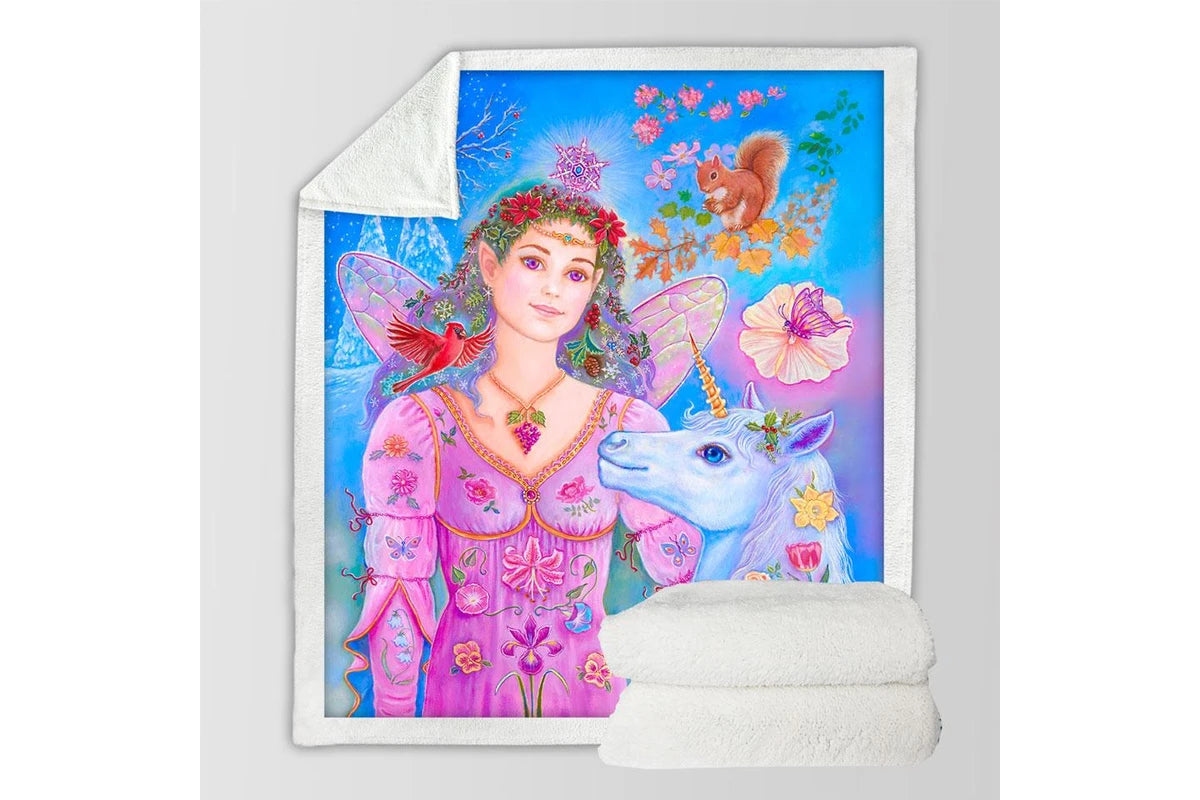 Magical fairy unicorn squirrel and bird print kids blanket, fantasy themed soft throw.