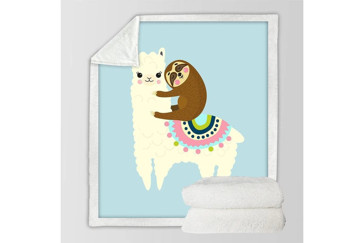 Cute llama and sloth kids throw blanket, cozy cartoon animal blanket for nursery or playroom.
