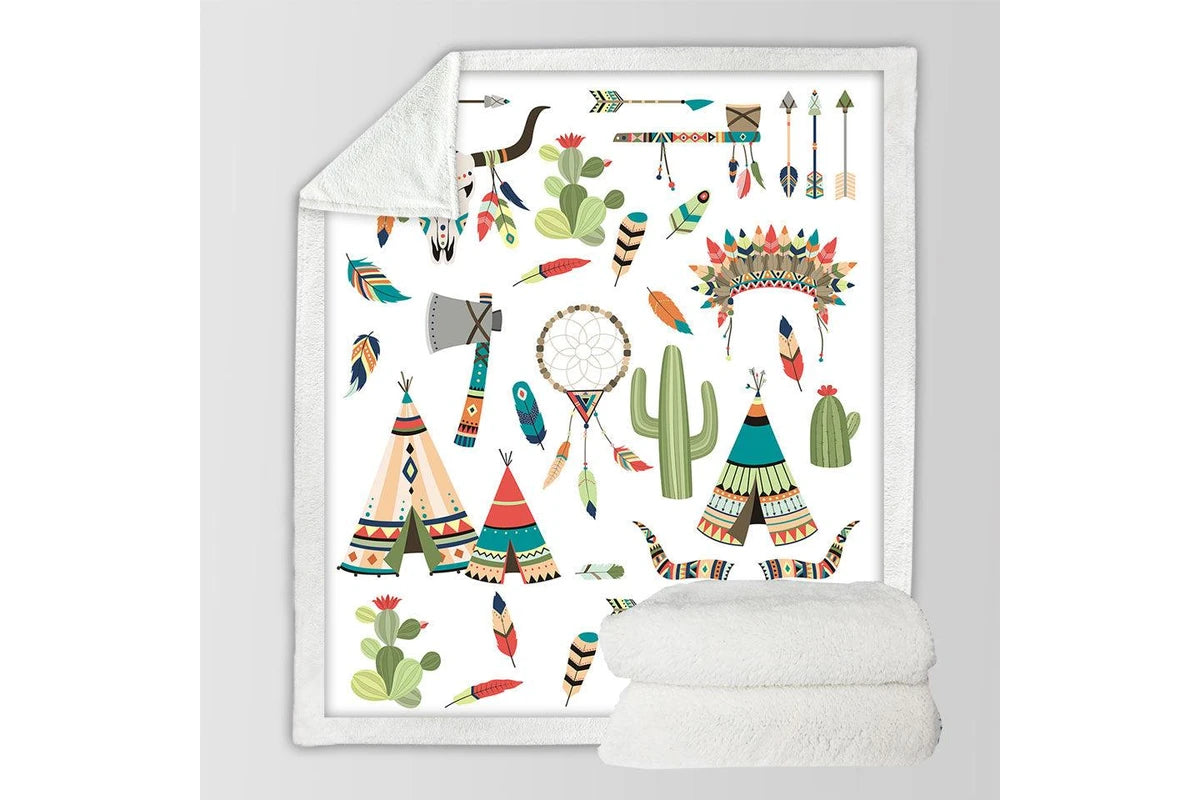 Native American inspired kids blanket, cozy flannel throw with cultural art design.