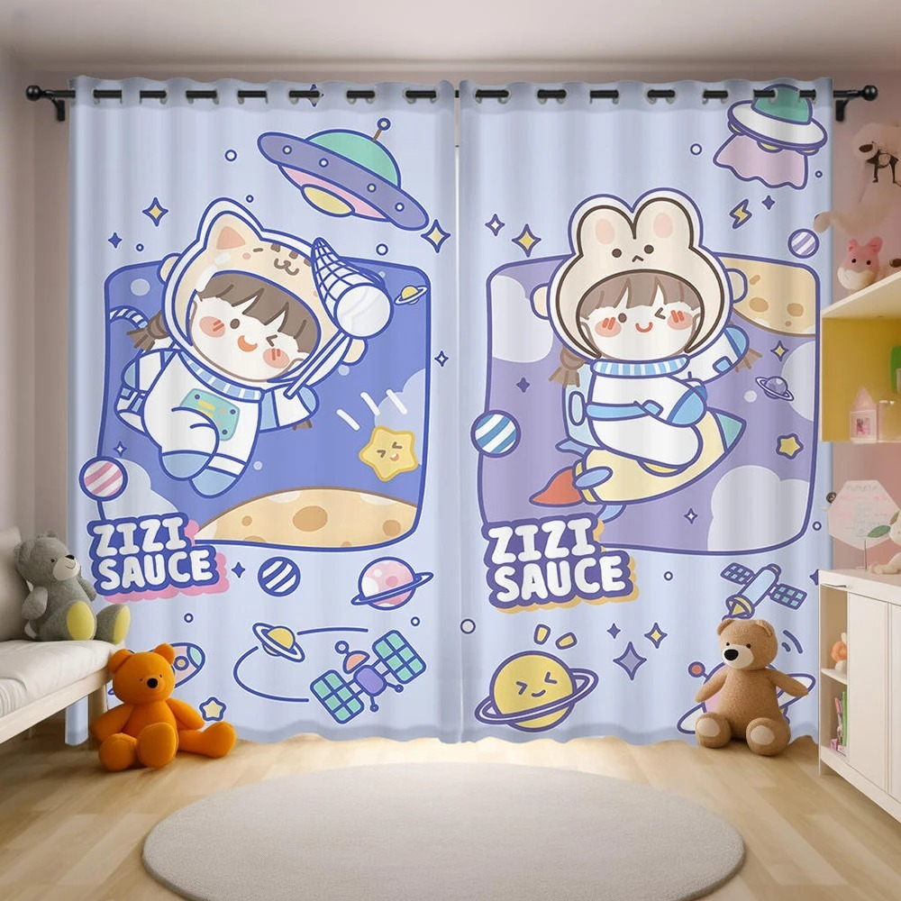 Kids space curtains, cartoon astronaut blackout drapes for bedroom window.
