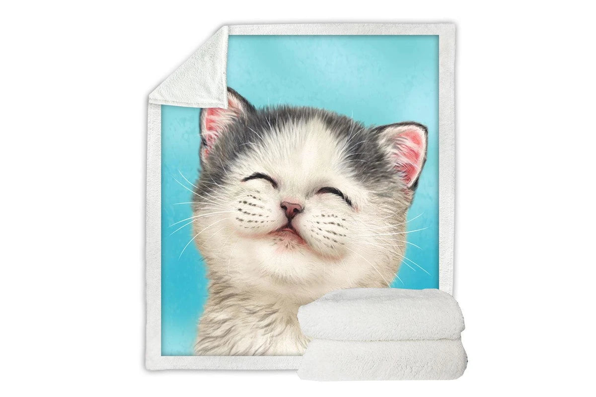 Smiling kitten kids throw blanket, soft and cuddly flannel blanket for cat lovers.
