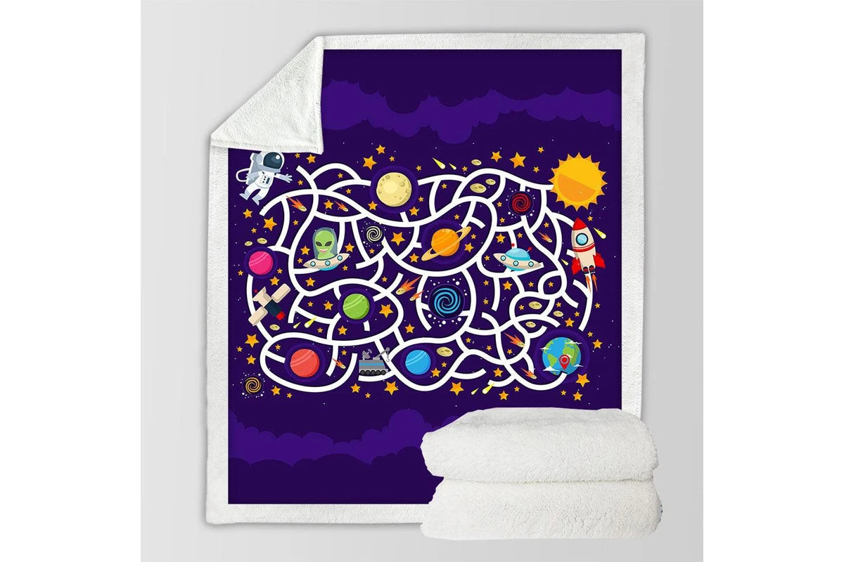 Space maze print kids throw blanket, educational galaxy design flannel blanket for playroom.