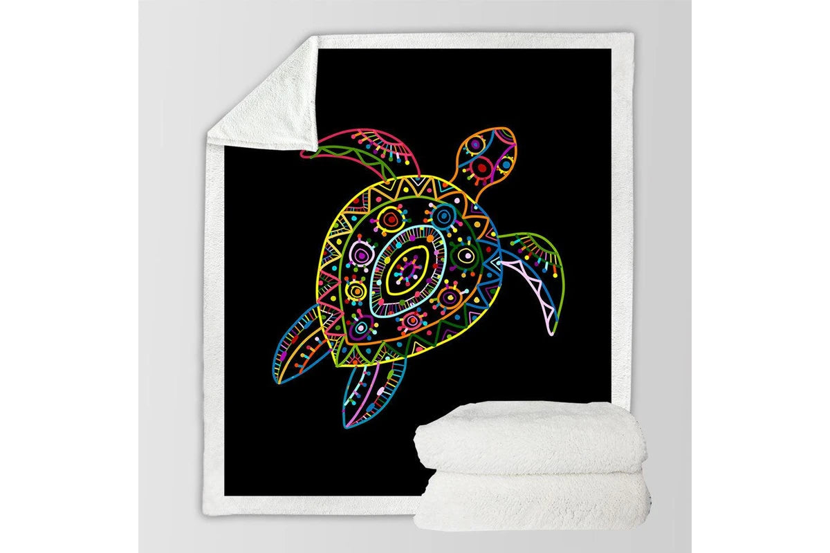 Multi-colored turtle kids throw blanket featuring ocean animal drawing, soft flannel blanket for boys and girls.