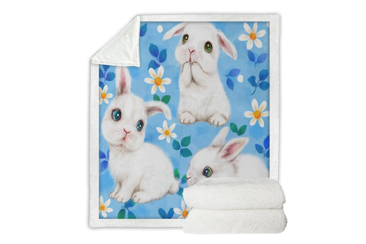 White bunny and floral print kids throw blanket, cozy soft throw for baby bedroom.