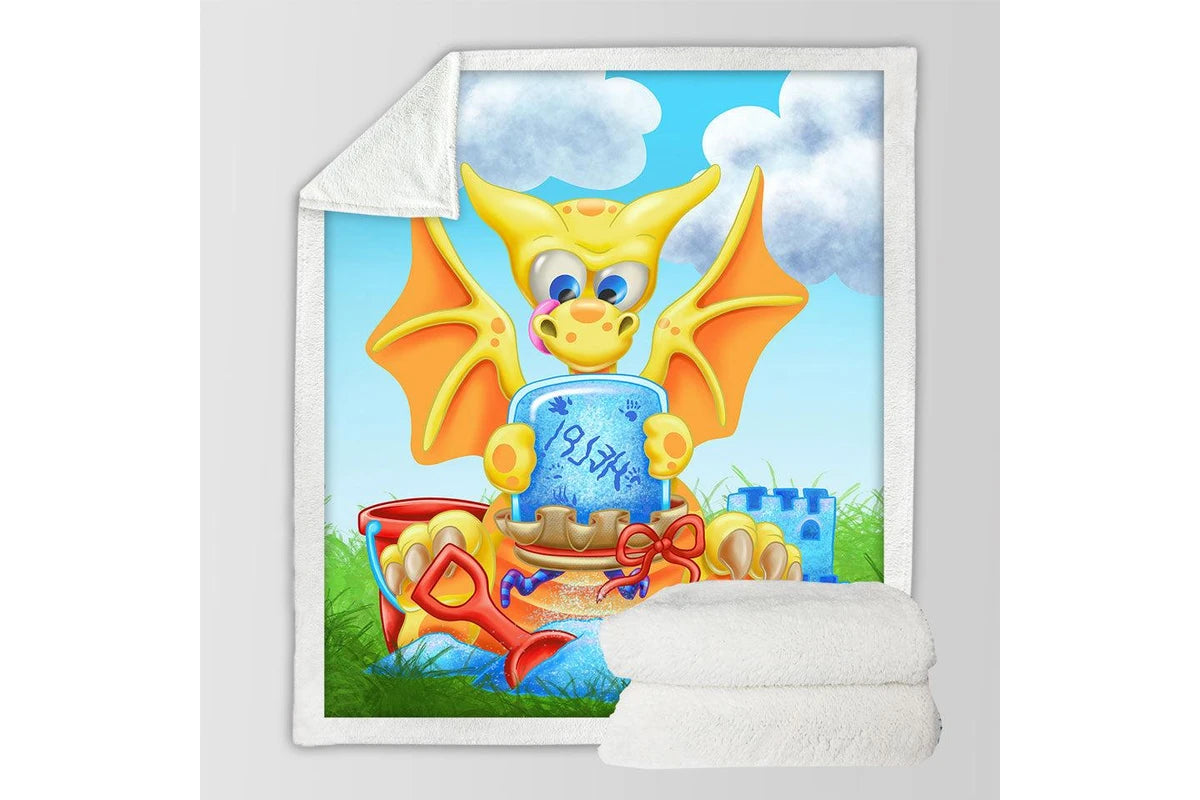 Cute yellow dragon kids blanket, fantasy themed cozy throw for children’s rooms.