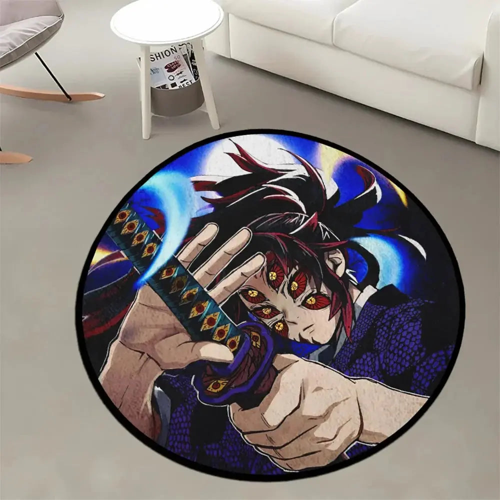 Round rug featuring Kokushibo, Upper Rank One of the Twelve Kizuki from Demon Slayer: Kimetsu no Yaiba, with his multiple yellow eyes, long black hair with red tips, wielding his crescent moon-shaped sword attacks from the Moon Breathing style, set against a dark, intense background.