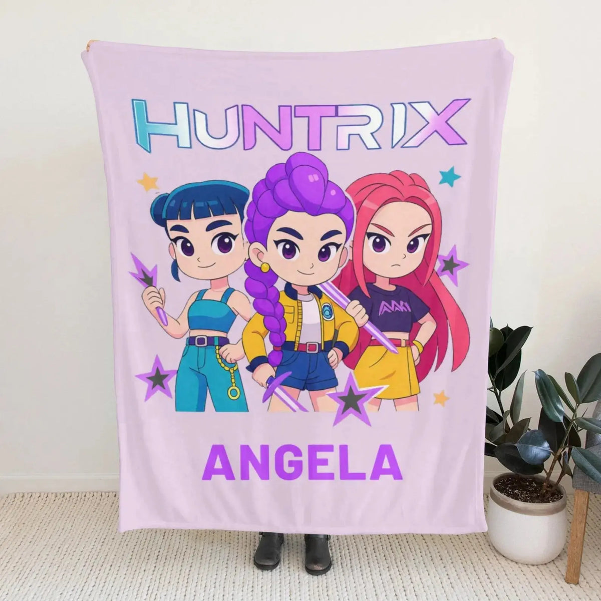Kpop Demon Hunters soft fleece blanket with custom name, cozy anime throw gift.