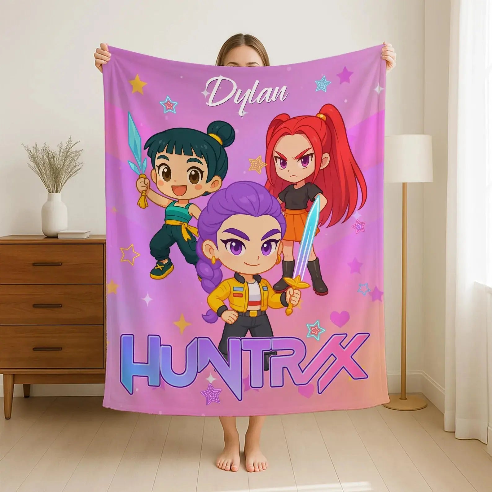 Kpop Demon Hunters fleece blanket, personalized cozy throw for anime lovers.