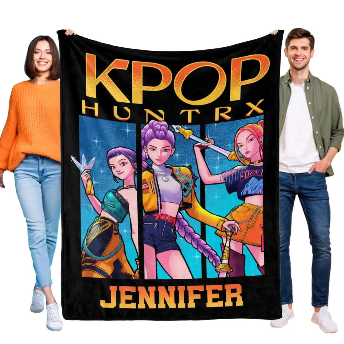 Kpop Demon Hunters fleece blanket personalized with name, anime throw gift idea.