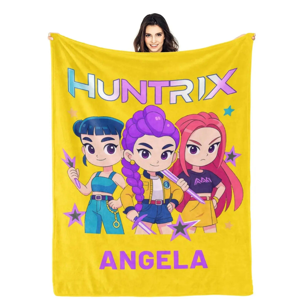 Kpop Demon Hunters Rumi Mira Zoey custom name blanket, cozy anime throw.