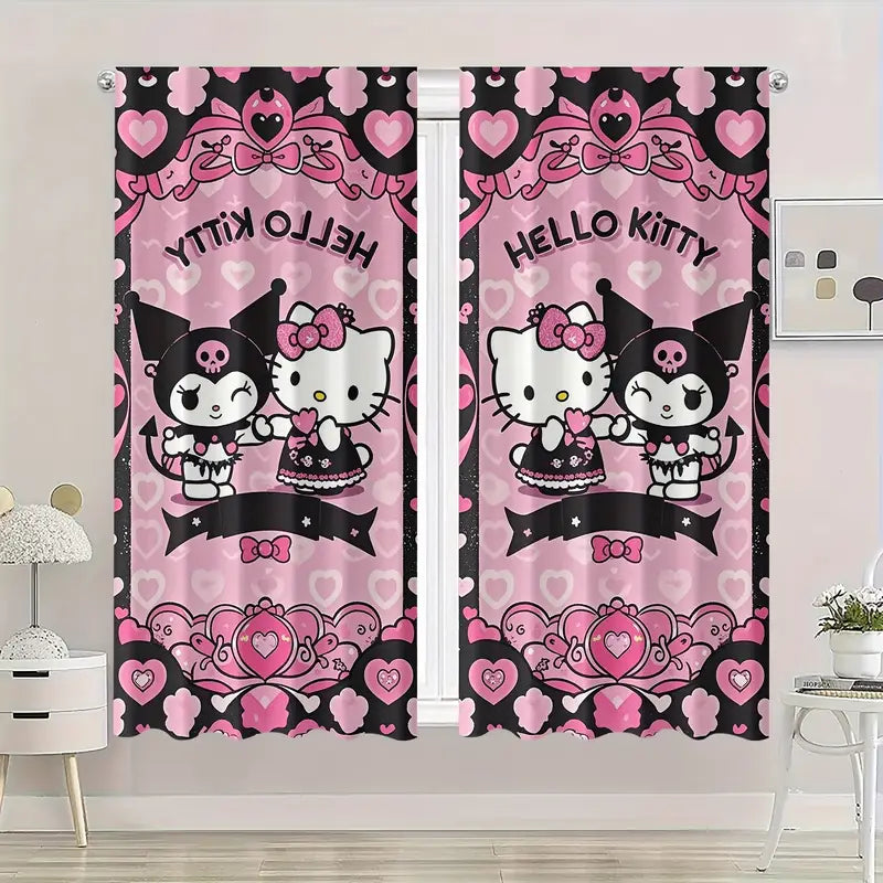 Kuromi blackout curtains with gothic kawaii hearts and bows, perfect for living room window panels.