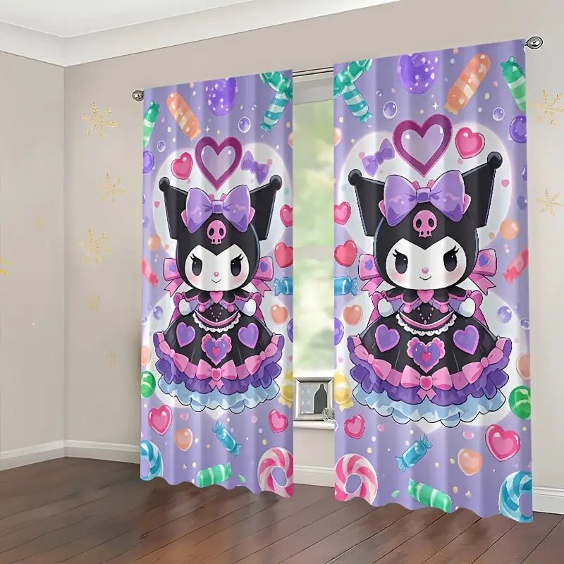 Kuromi heart balloon printed blackout curtain set, Sanrio pastel pink bedroom décor.