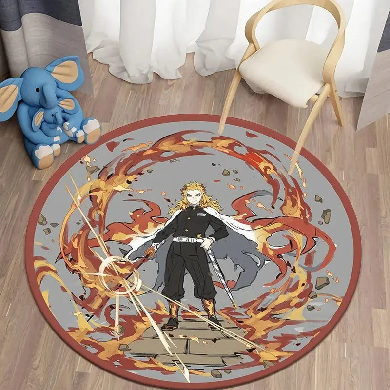 Round anime rug featuring Kyojuro Rengoku from Demon Slayer: Kimetsu no Yaiba, placed in a modern bedroom with warm lighting and cozy decor
