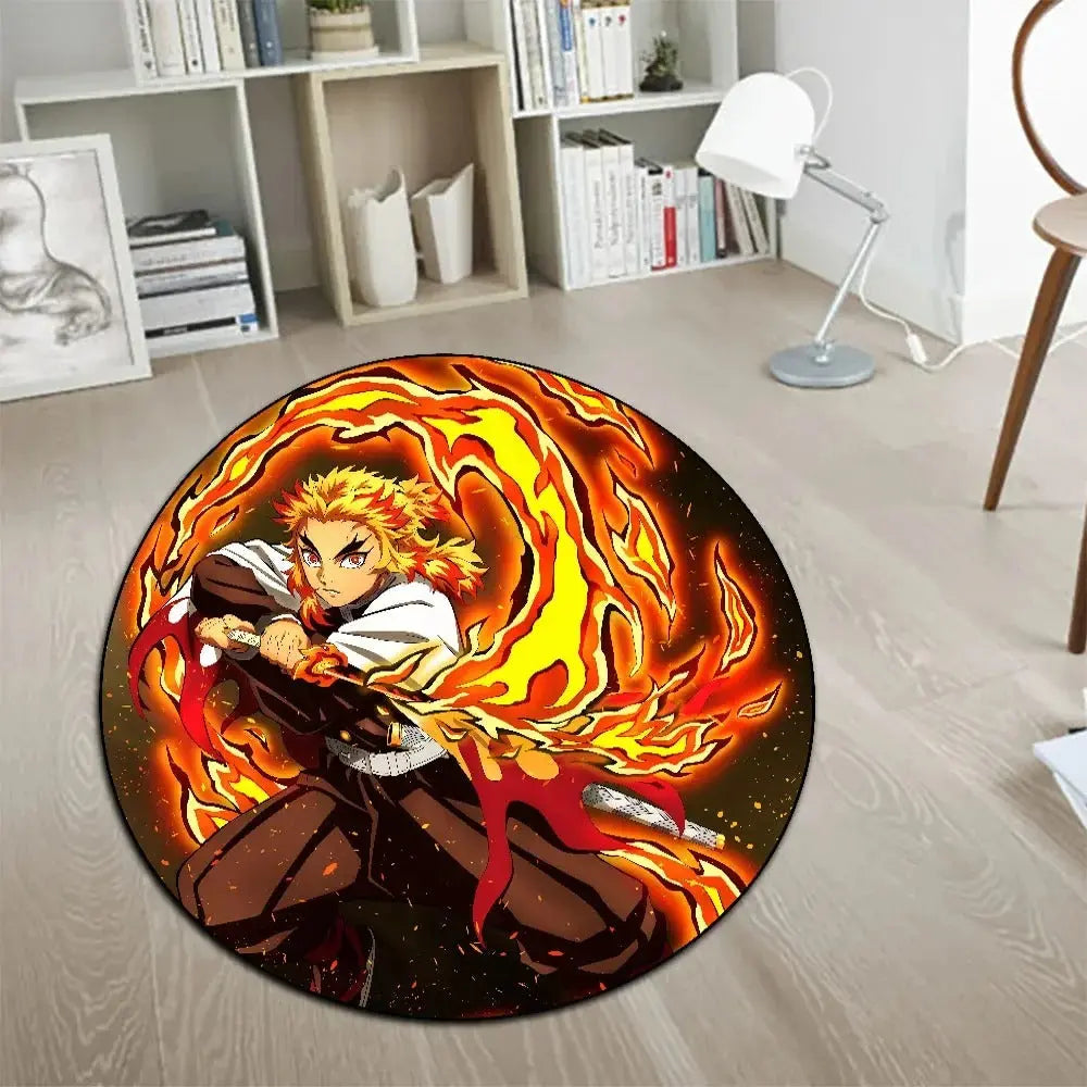 Circular rug featuring Kyojuro Rengoku, the Flame Pillar from Demon Slayer: Kimetsu no Yaiba, surrounded by vibrant flames symbolizing his Flame Breathing technique, designed as a non-slip, waterproof mat suitable for gaming, home, and office use.