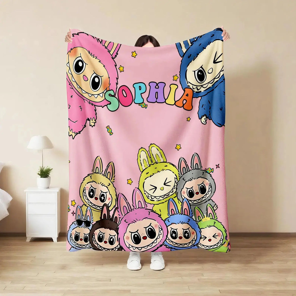 Labubu cartoon kids blanket with personalized name, soft and cozy blanket for toddlers and children, perfect for kids bedroom décor.
