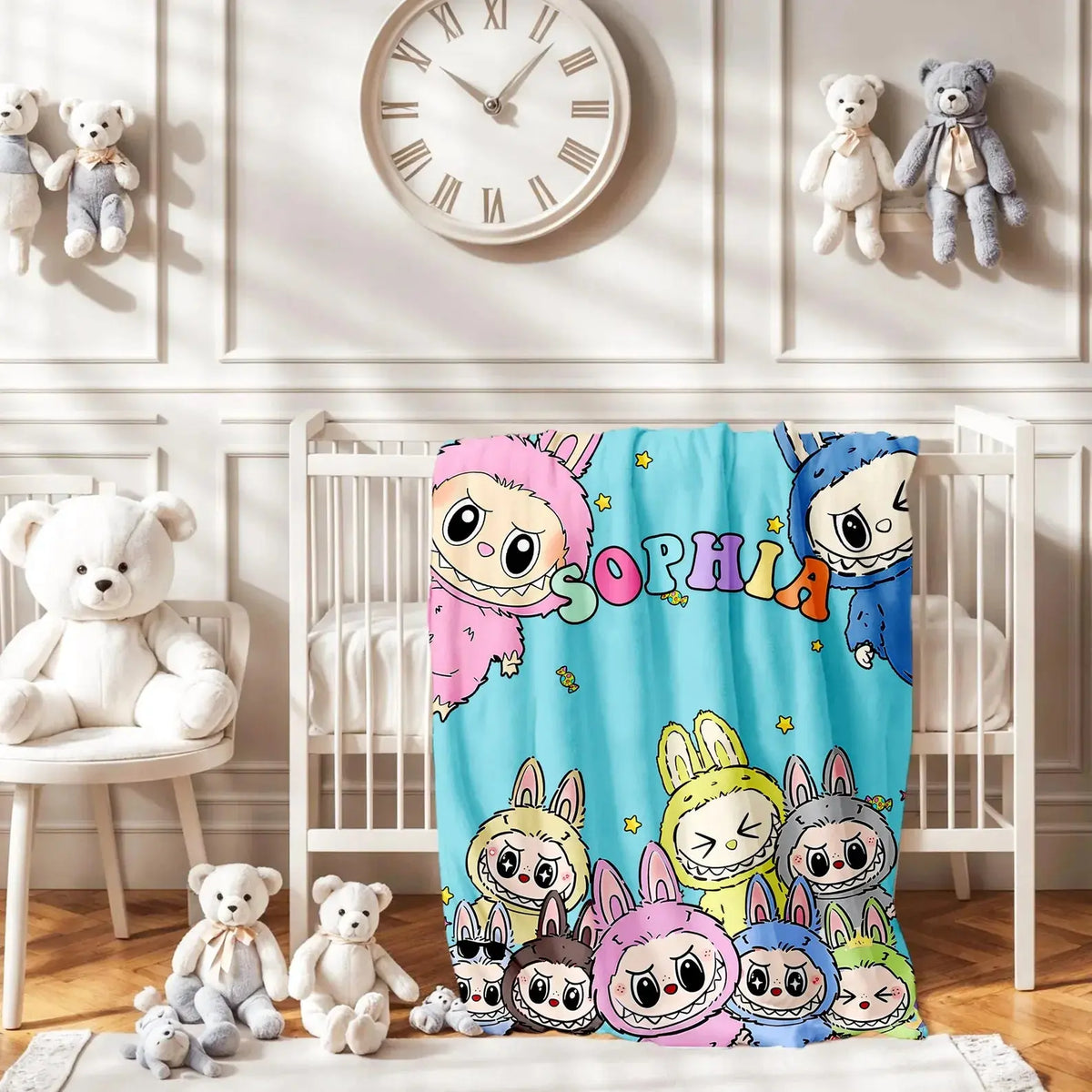 Labubu personalized cartoon kids blanket with custom name, soft and cozy blanket for toddlers and children, fun kids bedroom décor.