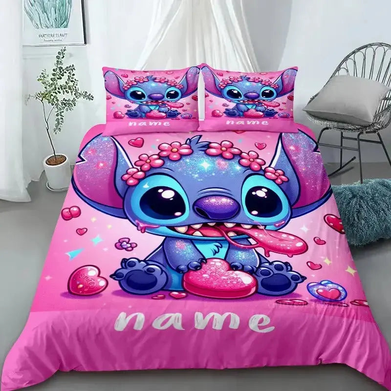 Custom Cartoon Duvet Cover Zirconic Lilo & Stitch themed duvet cover set featuring Stitch and sweets, with space to add your child’s name for a custom cartoon bedding look.