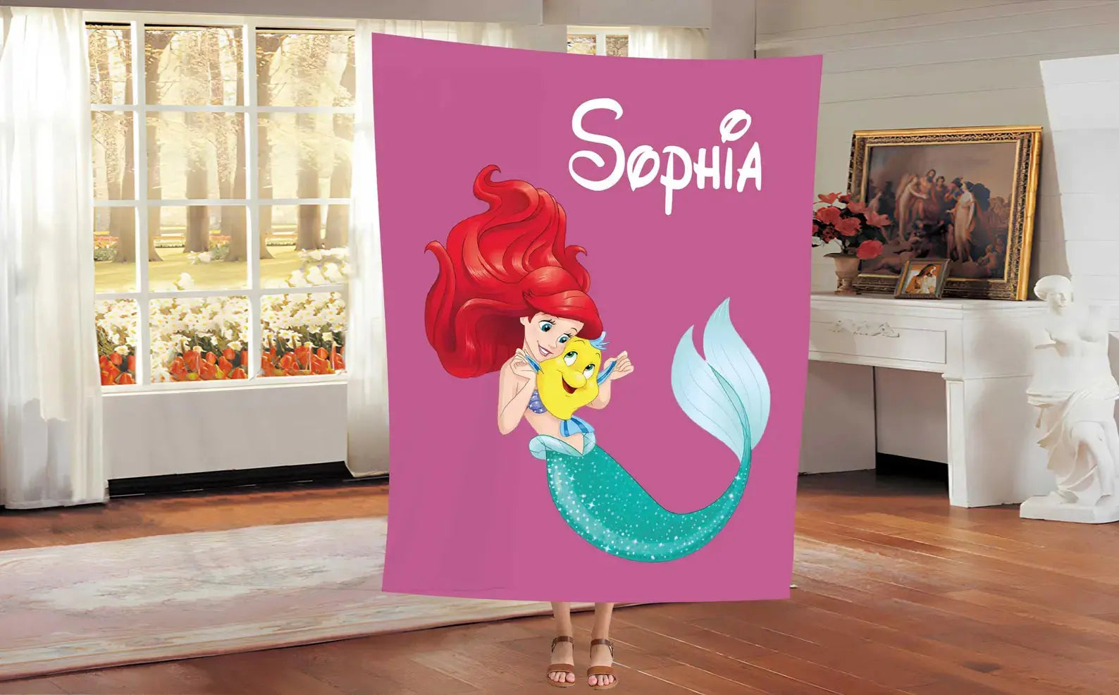 Little Mermaid Ariel kids blanket with mermaid tail design, personalized name option, cozy Disney blanket for girls’ bedroom décor and gifts.