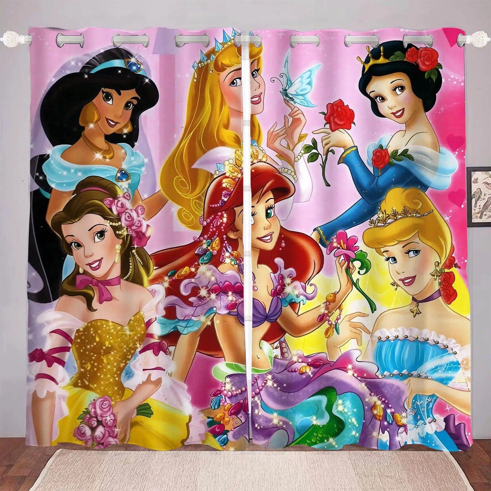 Luxury Disney Princess blackout curtains set for bedroom or playroom décor.