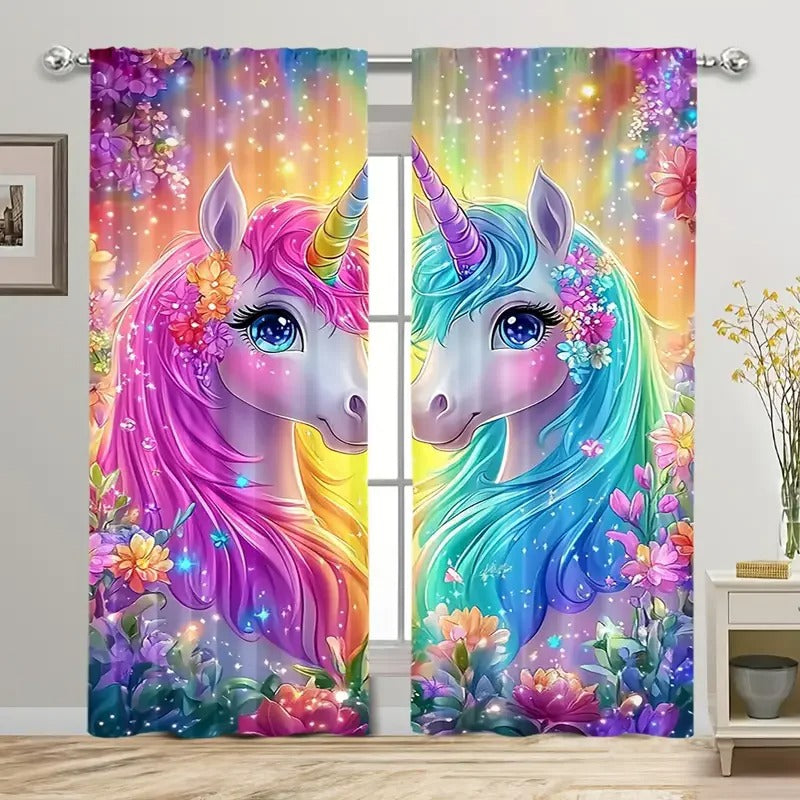 Magic unicorn floral printed curtains for bedroom, living room, or home decoration.