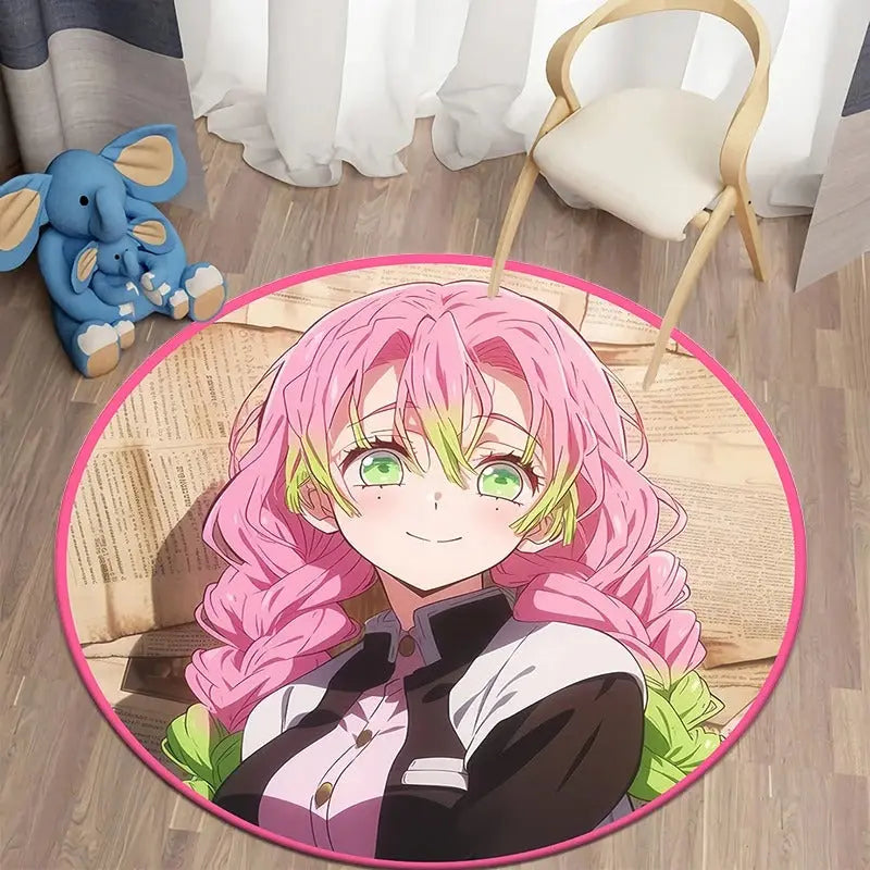 Round rug featuring Mitsuri Kanroji from Demon Slayer: Kimetsu no Yaiba — perfect anime character floor mat and Kimetsu no Yaiba merchandise for bedrooms and fan spaces