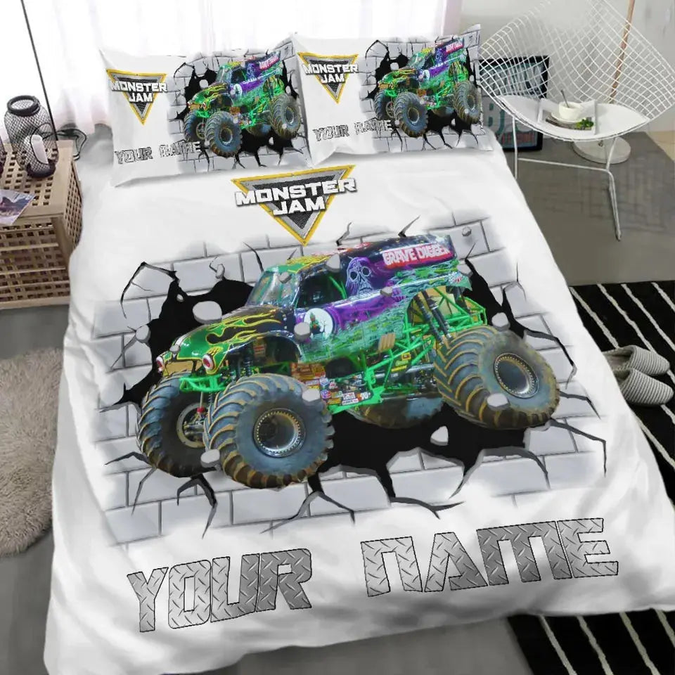 Monster Jam bedding set with green Grave Digger monster truck design, personalized kids duvet cover and pillowcases, perfect birthday bedding gift for boys